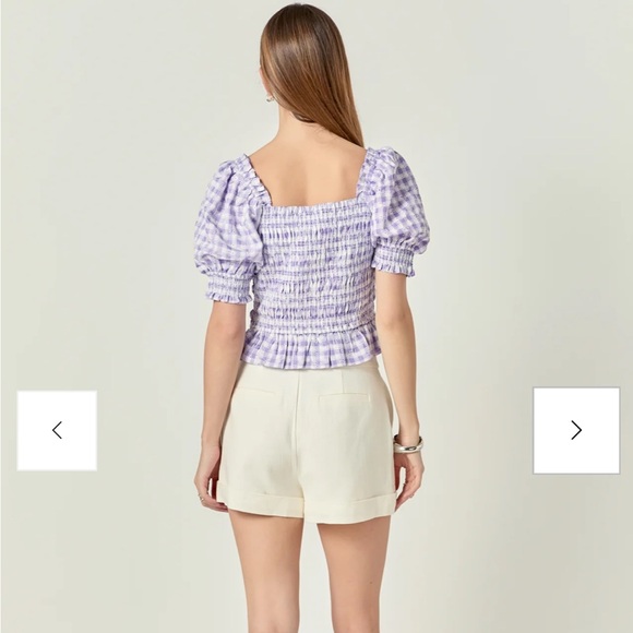 English Factory Square Neck Purple Gingham Smocked Short Sleeve Blouse Medium - Picture 3 of 7